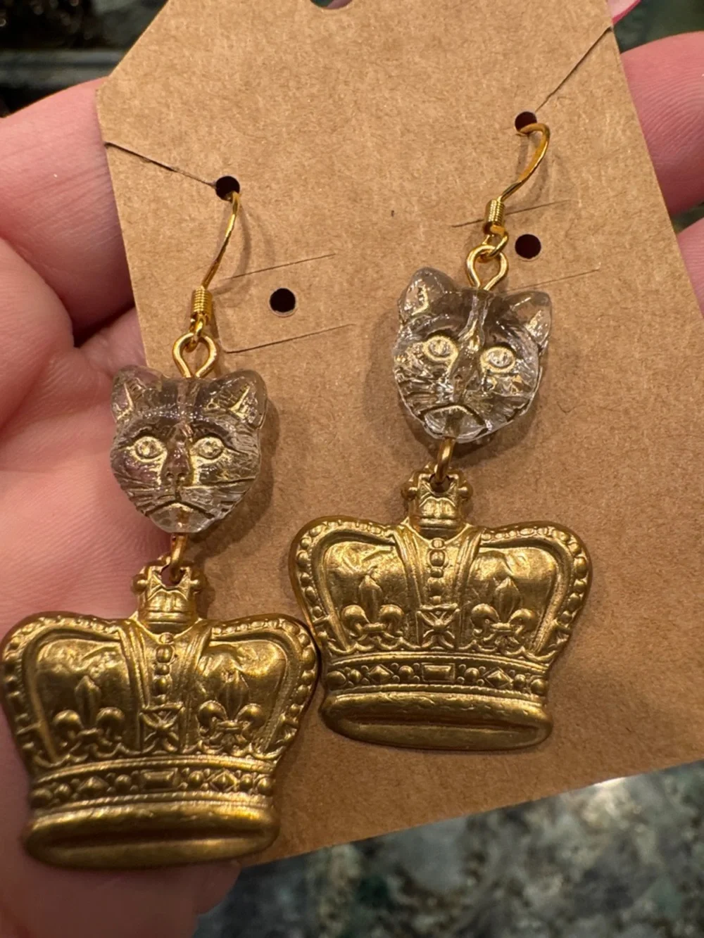 Gold Crown Cat Earrings - Clear Cat Head and Gold Crown Dangle